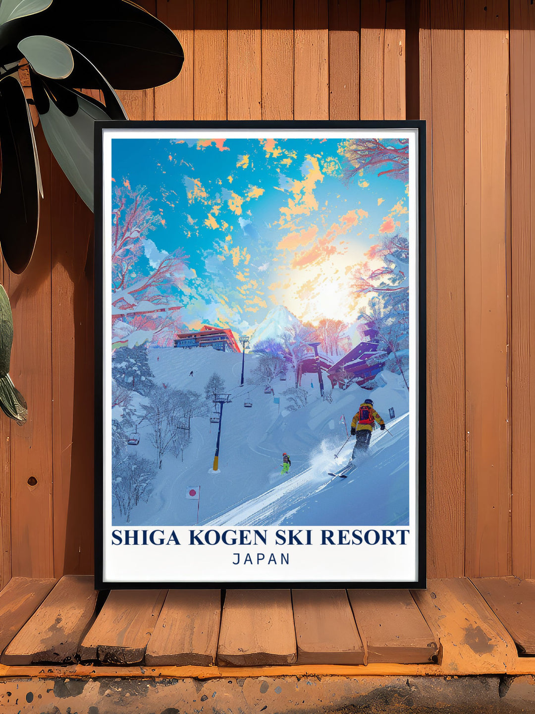 This detailed poster of Shiga Kogen Ski Resort features the stunning slopes and mountainous beauty of Japan, perfect for ski lovers and travelers. It captures the excitement of skiing down the slopes with the backdrop of snow covered peaks, making it an ideal artwork for anyone passionate about skiing or Japans outdoor adventures.