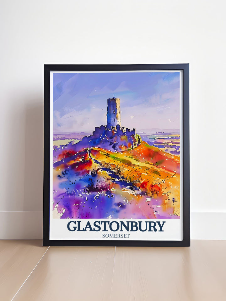 Beautifully detailed Glastonbury Tor artwork showcasing St. Michaels tower and Somerset levels a great addition to any UK wall art collection perfect for those looking for unique England travel gifts or captivating home decor pieces.