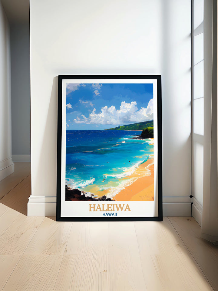 Haleiwa Travel Poster featuring the stunning Waimea Bay and Hawaii skyline adds a touch of elegance to any home decor Perfect for personalizing your living room or office this vibrant artwork captures the tropical beauty of Hawaii