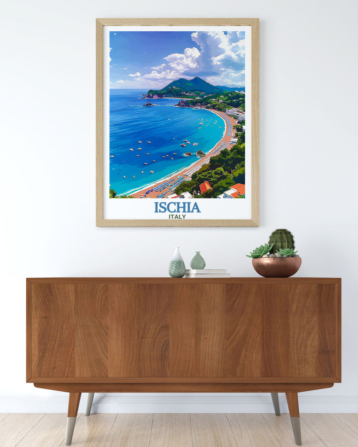 Vibrant travel print of Maronti Beach in Ischia, Italy, featuring the blue waves and golden sands that make this beach famous. Ideal for home décor or as a gift for those who dream of Italian beach escapes, this poster adds a splash of coastal elegance.