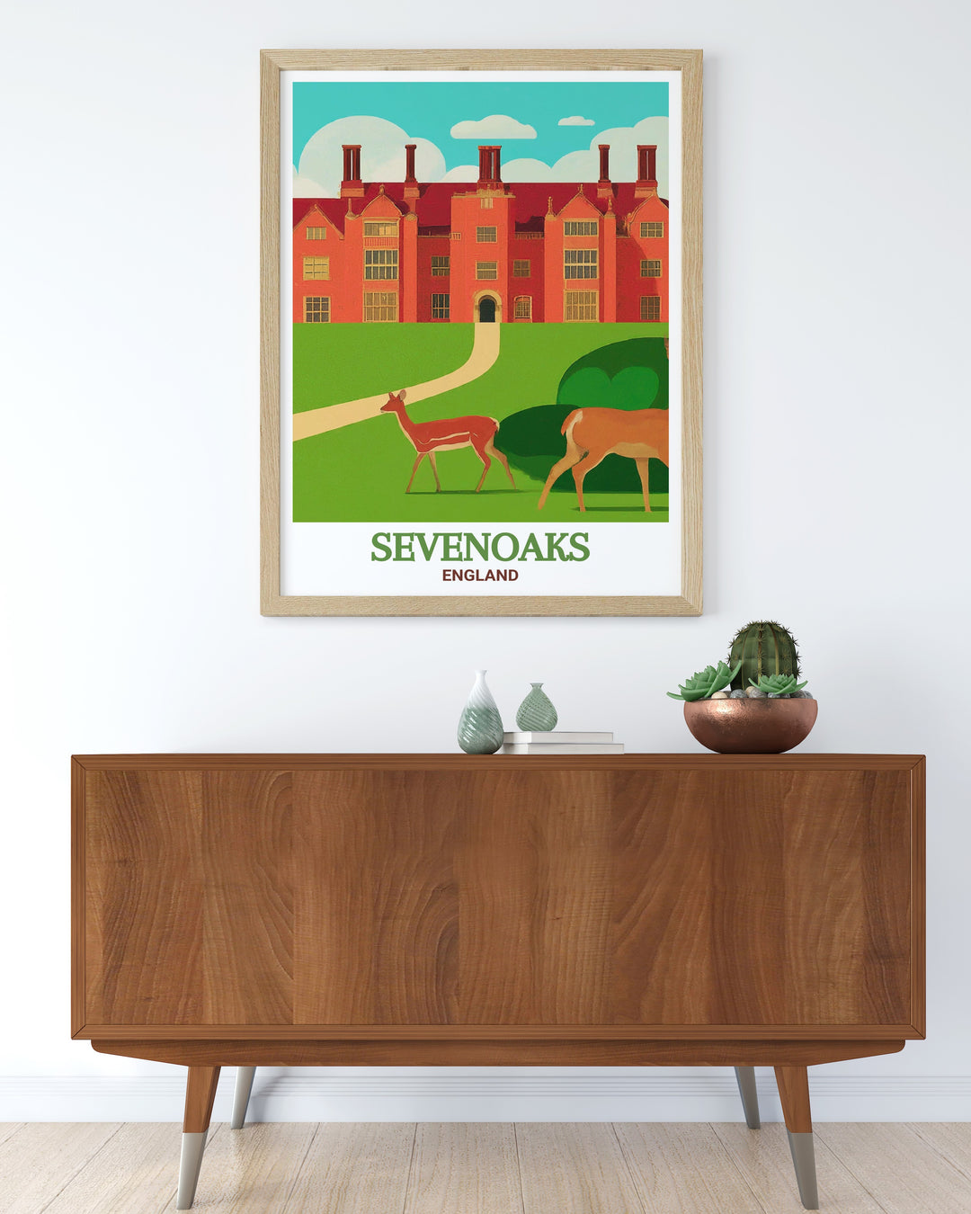 Vintage poster of Knole Park, showcasing the timeless beauty of this historic estate in Sevenoaks, England. The poster features the estates extensive parklands, ancient trees, and the iconic Knole House, bringing a piece of Englands heritage into your home. This vintage inspired design is perfect for those who love classic English art and want to add a touch of history to their decor.