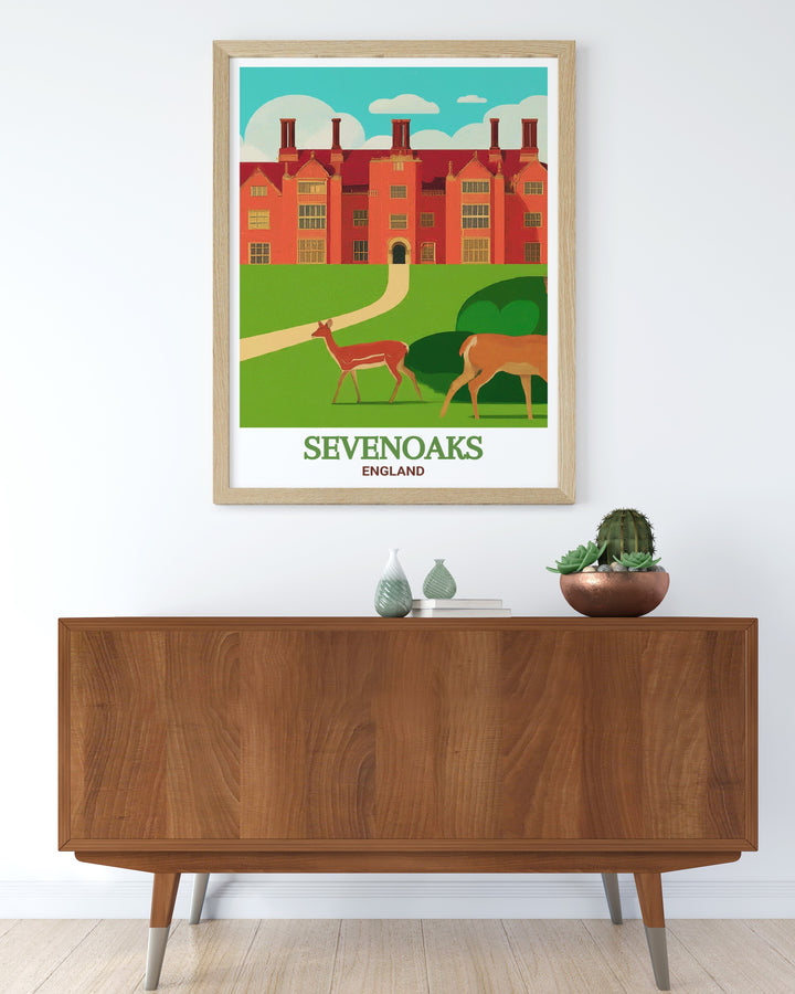 Vintage poster of Knole Park, showcasing the timeless beauty of this historic estate in Sevenoaks, England. The poster features the estates extensive parklands, ancient trees, and the iconic Knole House, bringing a piece of Englands heritage into your home. This vintage inspired design is perfect for those who love classic English art and want to add a touch of history to their decor.