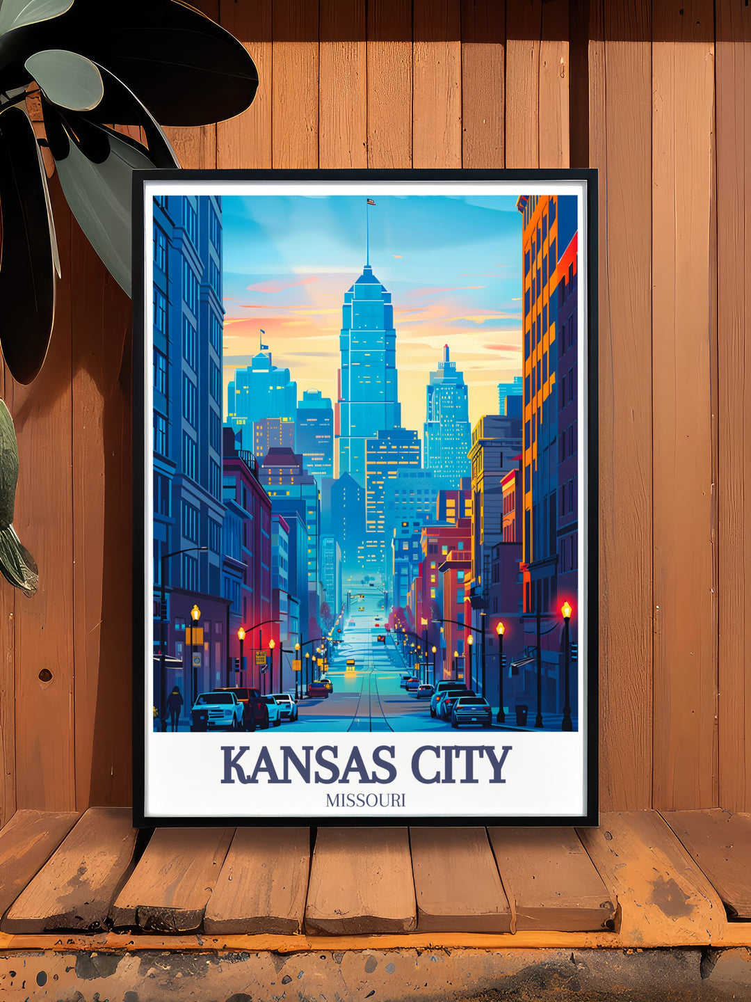 Kansas City skyline wall poster featuring a panoramic view of Missouris urban core. Ideal for urban art lovers, this travel print captures the essence of Kansas Citys dynamic skyline and historic Main Street, offering a fresh addition to your décor.