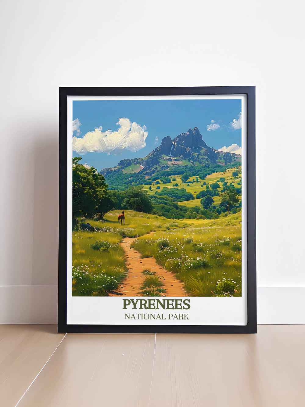 Retro travel poster featuring Pic du Midi dOssau highlighting the dramatic beauty of the French Pyrenees perfect for sophisticated home decor.