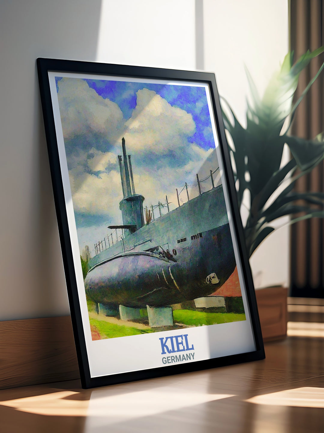 The striking silhouette of U Boot U 995 on this travel print transports you to the shores of Kiel, Germany. This piece of art is perfect for collectors of military history and German coastal scenes.