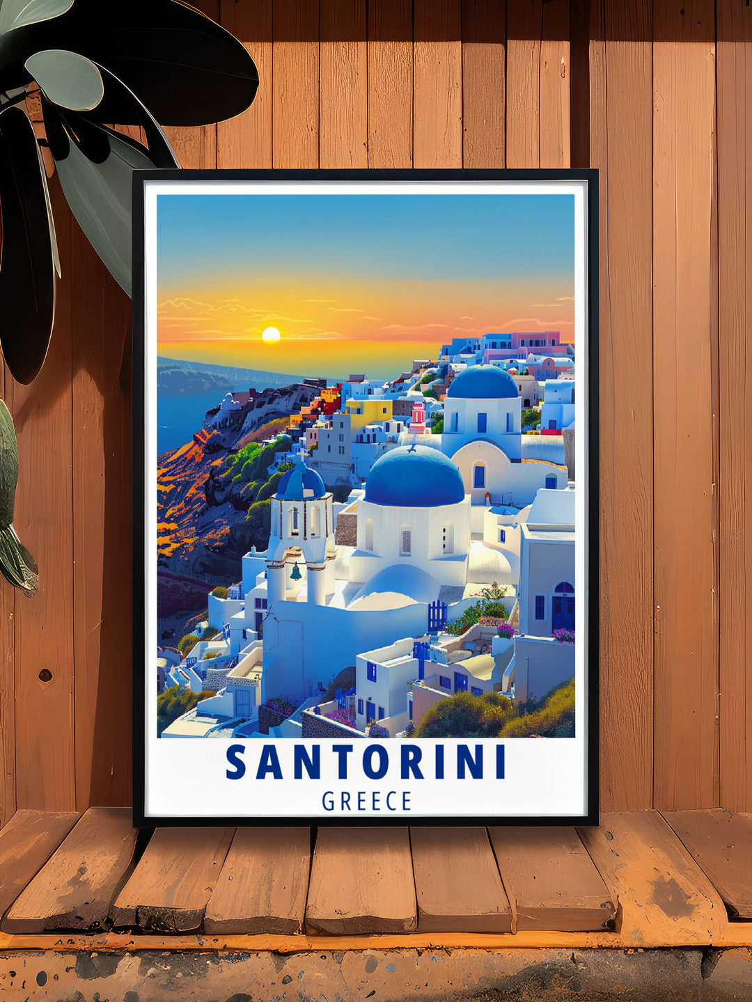 Stunning Santorini Art Print capturing the beauty of Oia, with its dramatic caldera views and whitewashed architecture. Perfect for adding Mediterranean elegance to your home.