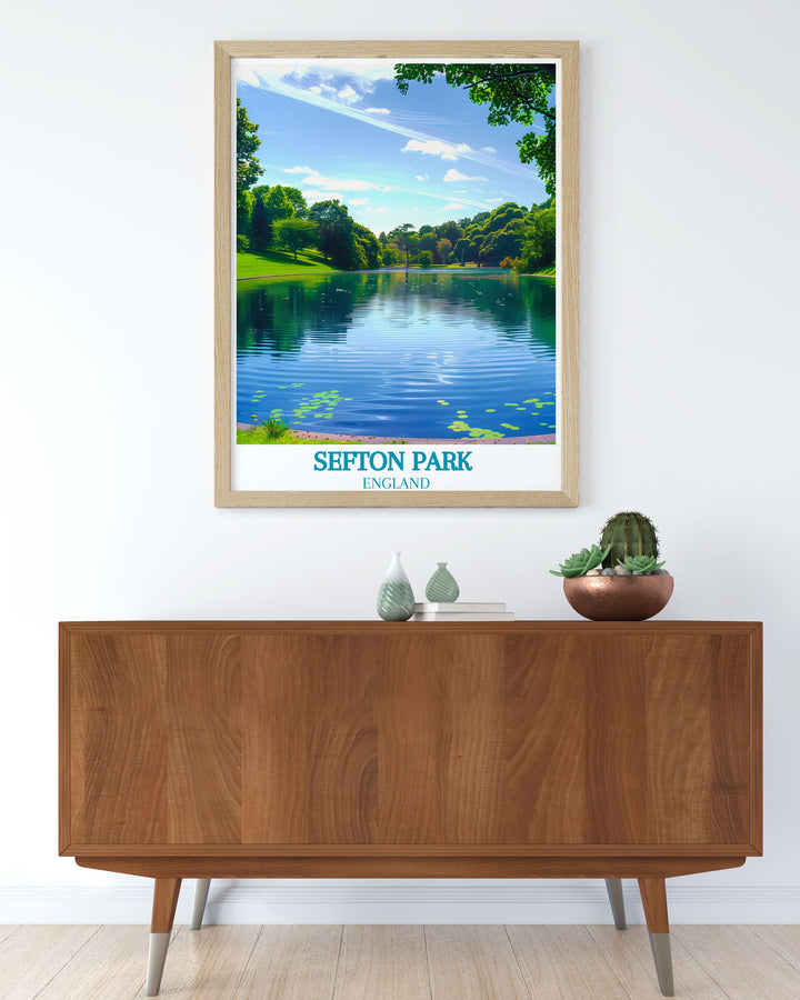 Stunning wall art print gift featuring Liverpools Sefton Park Lake and the iconic Liver Building. This piece blends the citys urban landmarks with natural beauty, making it a unique and captivating addition to your home decor.