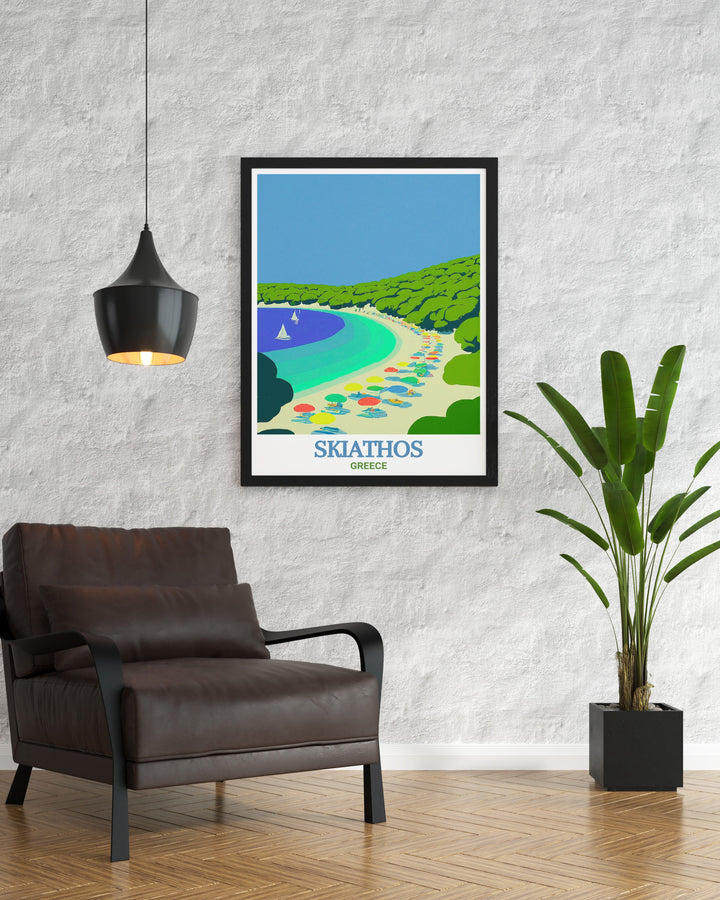 Skiathos Island travel poster featuring the famous Koukounaries Beach. This high quality print brings the beauty of Greece into your home, with its detailed depiction of the beachs clear waters and lush greenery. Perfect for any decor.