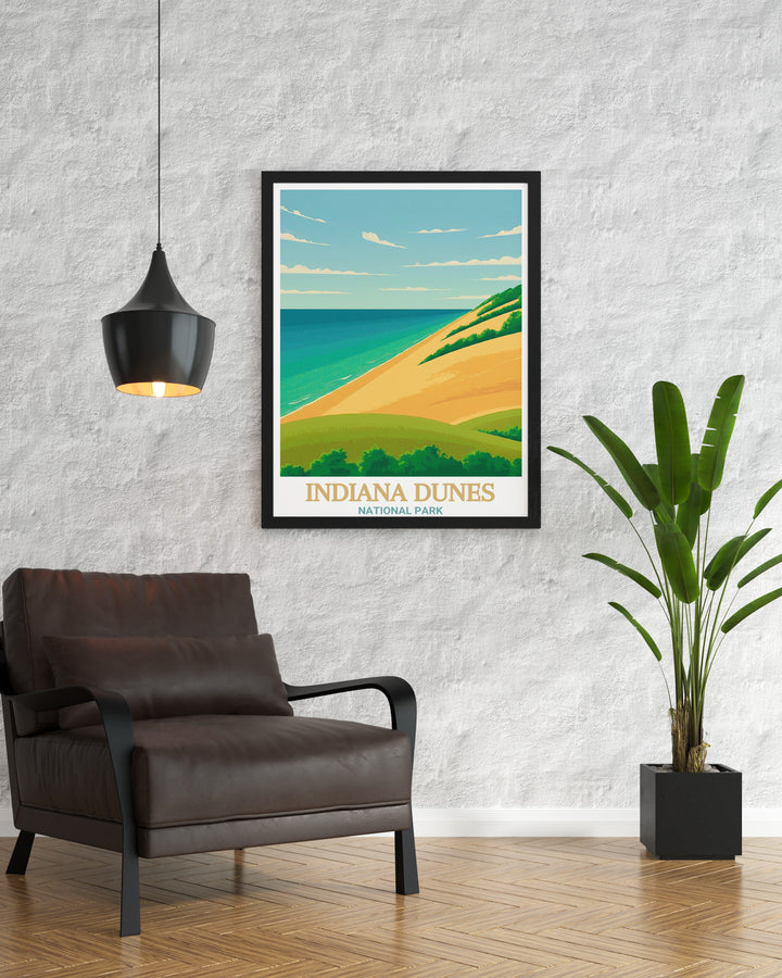 Indiana Dunes poster print highlighting the natural beauty of the parks shoreline and sand dunes. This travel art is ideal for bringing the outdoors into your living space, making it a thoughtful gift for travelers and nature enthusiasts.