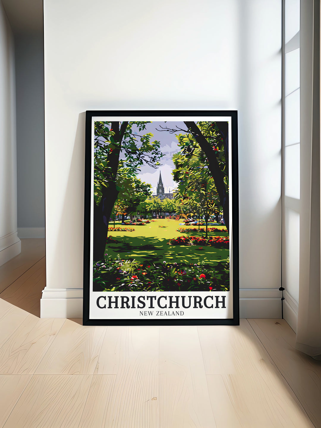 ChristChurch Cathedral and Christchurchs Botanic Gardens art print captures the beauty of New Zealand with intricate details perfect for home decor or a unique travel gift featuring the iconic cathedral and lush gardens ideal for any living space.