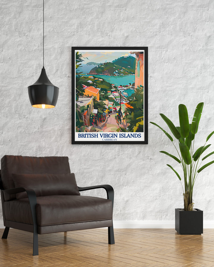 A detailed print of Tortola, the largest island in the British Virgin Islands, highlighting its breathtaking landscapes and the bustling capital of Road Town. This wall art brings the charm of the Caribbean into your home with vivid colors and intricate details.