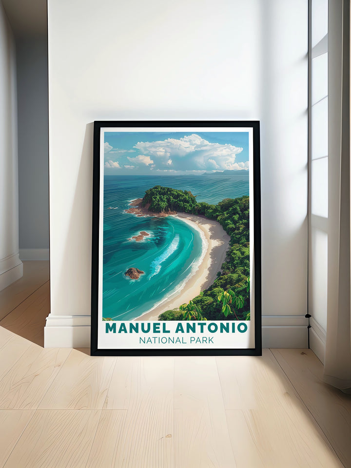 Manuel Antonio National Park Poster Print showcasing vibrant landscapes paired with Cathedral Point stunning living room decor perfect for adding Costa Rica wall art to your home an ideal Costa Rica travel gift for nature lovers or anyone seeking elegant home decor