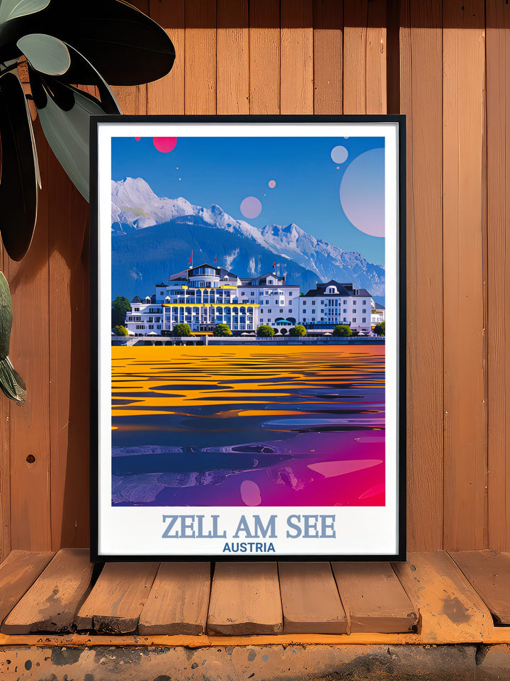 Grand Hotel Zell am See framed print with a vintage ski design highlighting the beauty of Austrias premier winter destination for elegant home decor