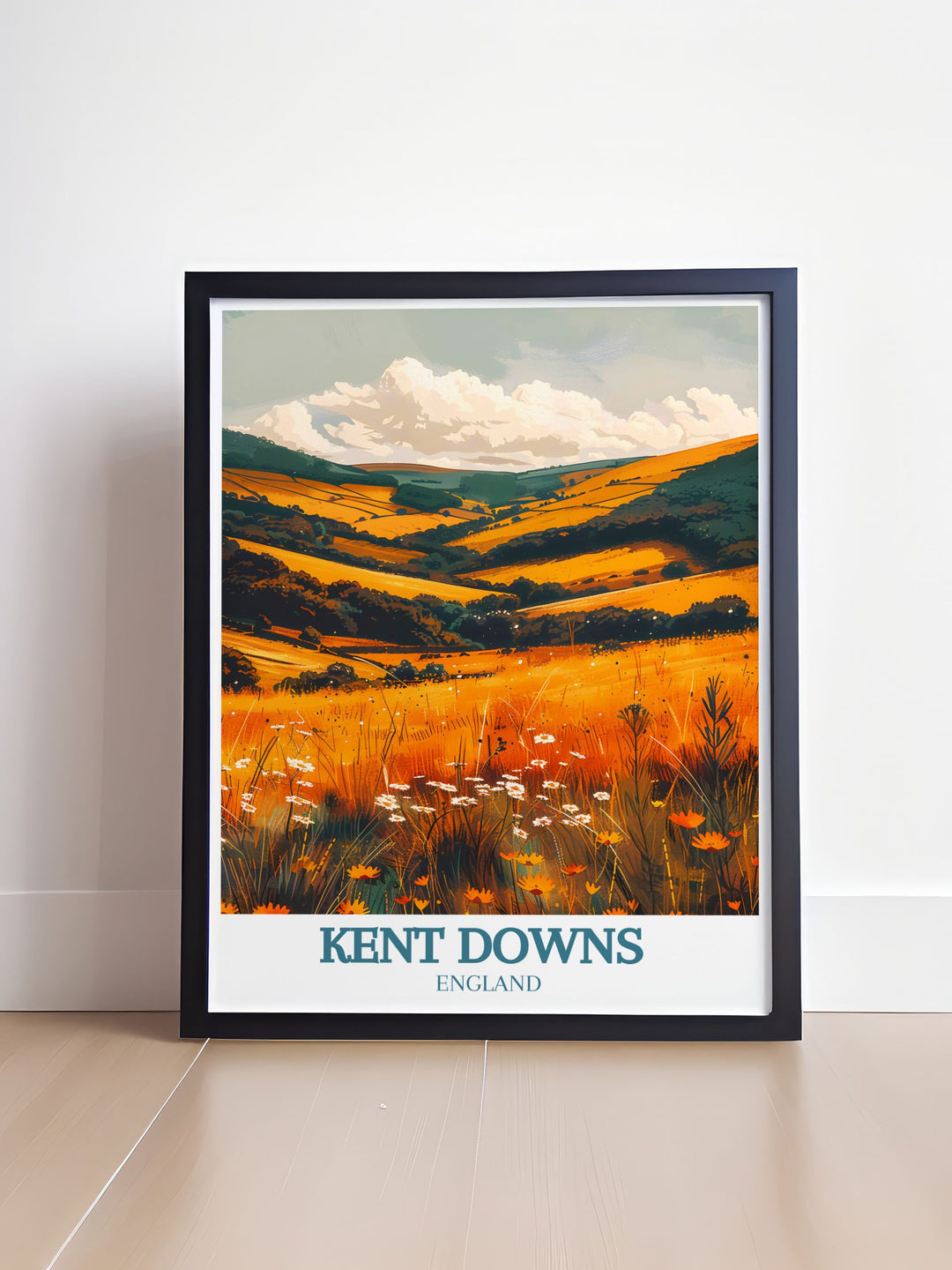 Detailed and vibrant Kent Downs Area of Outstanding Natural Beauty AONB poster celebrating the beauty of protected landscapes offering a timeless and versatile addition to any room with its inspiring scenery and natural charm.