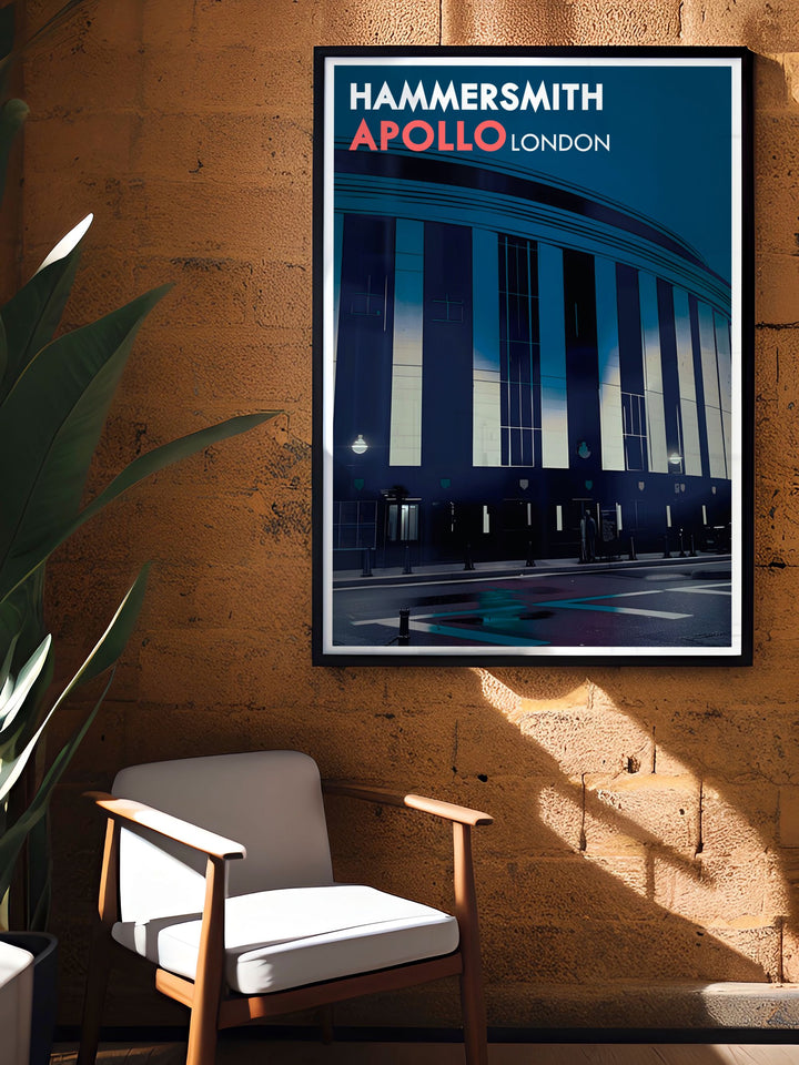 An intricate depiction of Hammersmith Apollo, this art print showcases the venues bold geometric design and historic charm, perfect for adding a touch of Art Deco to your decor.
