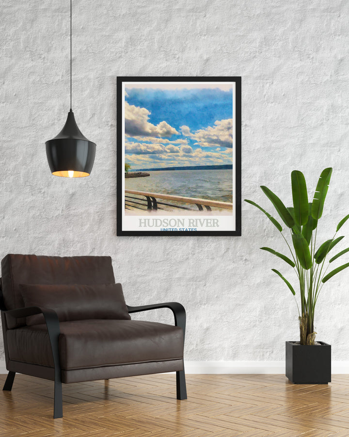 A vintage style travel print showcasing the Hudson River as seen from the Hudson River Waterfront Walkway. This New York art piece is ideal for those who appreciate the citys iconic river and natural beauty.