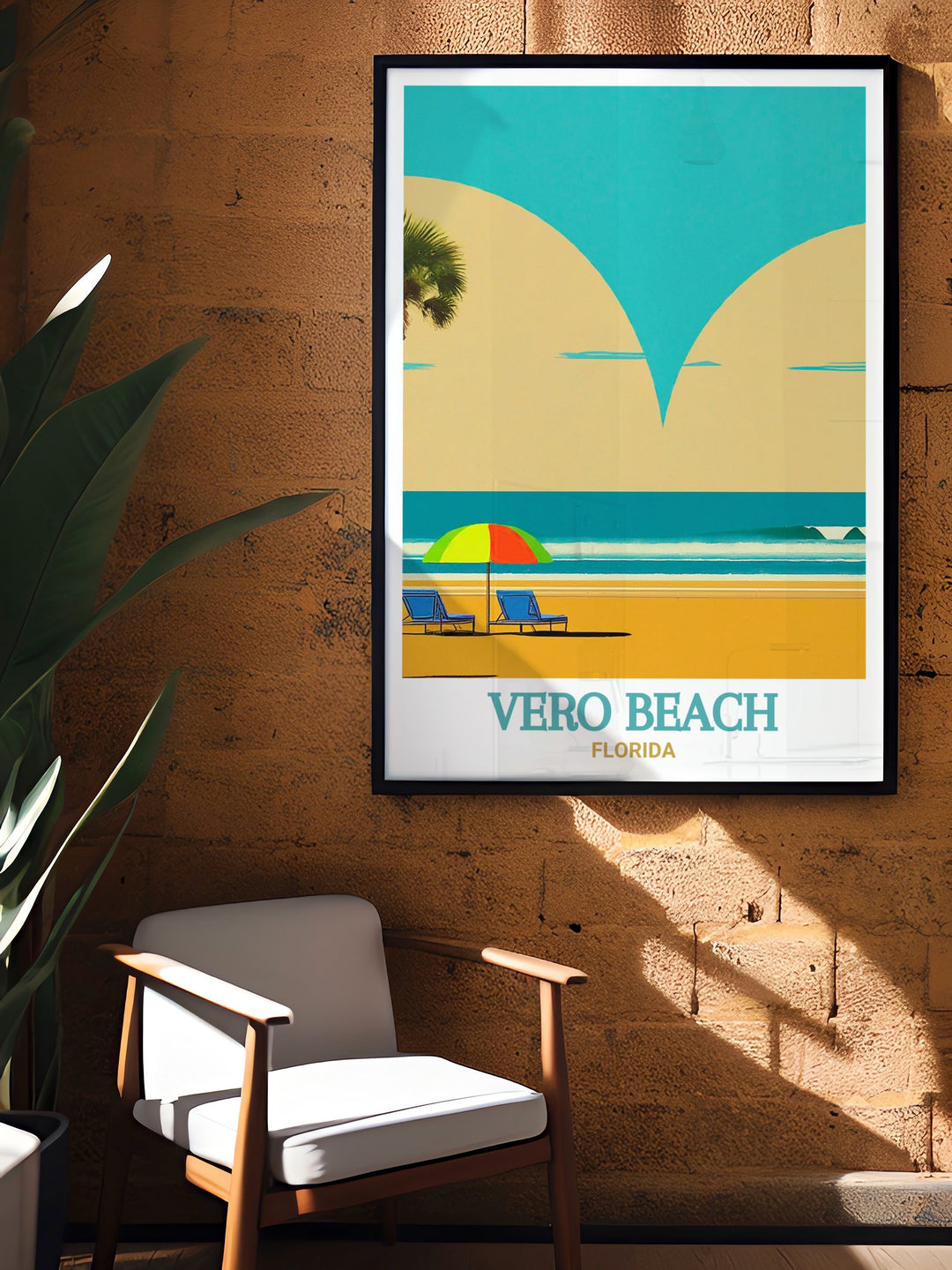 Vero Beach travel poster capturing the essence of a perfect day at the beach. This detailed wall print offers a glimpse into the calming coastal environment of Florida, ideal for home décor or as a travel gift for beach enthusiasts.