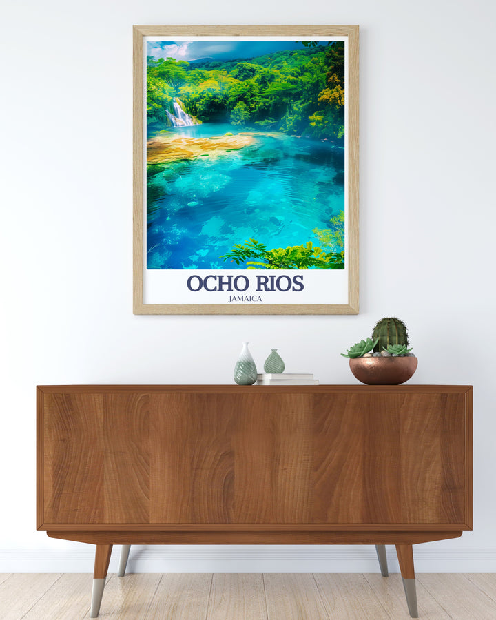 Bring the enchanting beauty of the Jamaican rainforest into your home with this Ocho Rios travel poster, highlighting the captivating Blue Hole. The rich colors and natural details create a serene ambiance, perfect for those who appreciate the splendor of nature in their home décor.