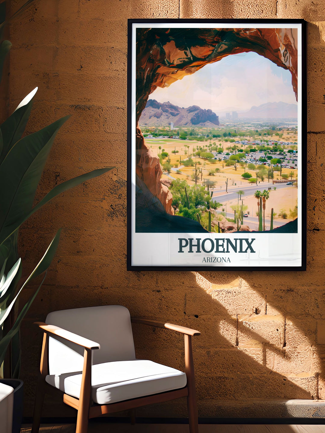 Phoenix Wall Poster featuring the historic Hole in the Rock and the desert landscapes of Papago Park. This travel poster brings the rugged beauty of Arizonas most beloved park into your home, perfect for nature lovers and travelers.