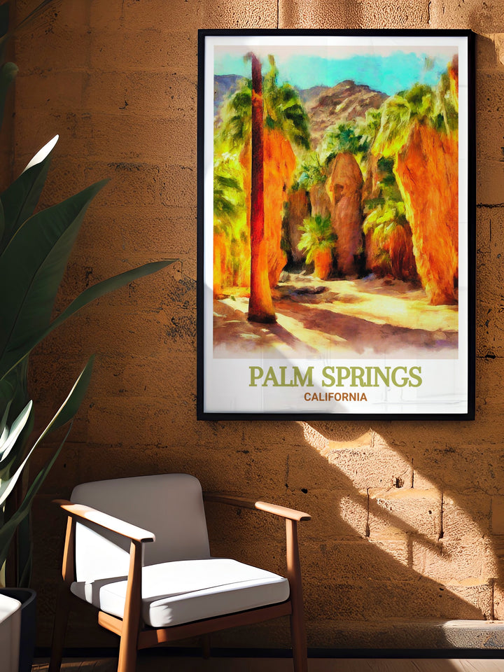 Palm Springs travel print featuring the iconic Yellow Hotel and scenic Indian Canyons. This detailed illustration captures the vibrant atmosphere and natural beauty of Palm Springs, making it a perfect addition to any decor. Ideal for art lovers and travelers.