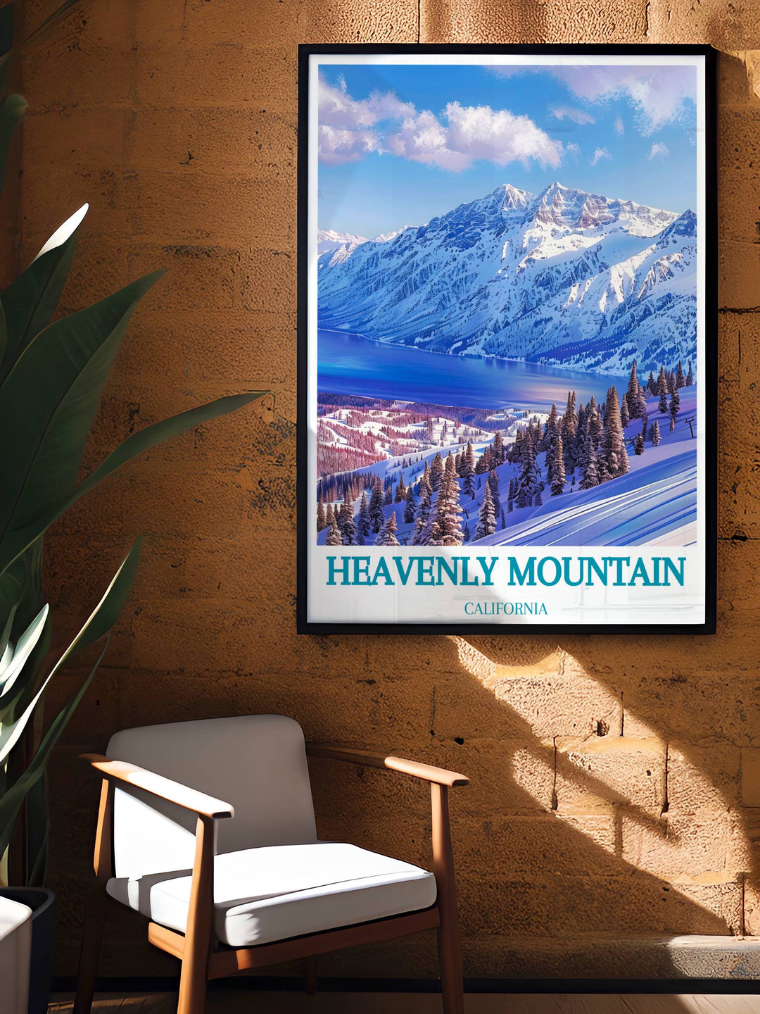 Heavenly Ski Resort winter scene featuring snowy mountains and skiers gracefully navigating the slopes. The art highlights the thrill of winter sports and the breathtaking natural scenery of the resort. This image brings the invigorating atmosphere of skiing and the charm of snowy peaks to any living space or office environment.