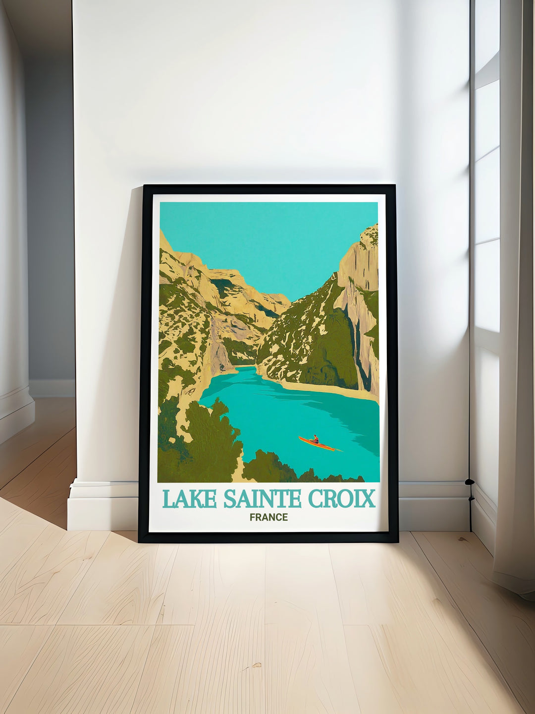 This travel poster features Lake Sainte Croix and Gorges du Verdon, blending the tranquil waters of the lake with the dramatic cliffs of the gorge. The artwork offers a stunning view of these iconic French landmarks, perfect for enhancing your home decor.