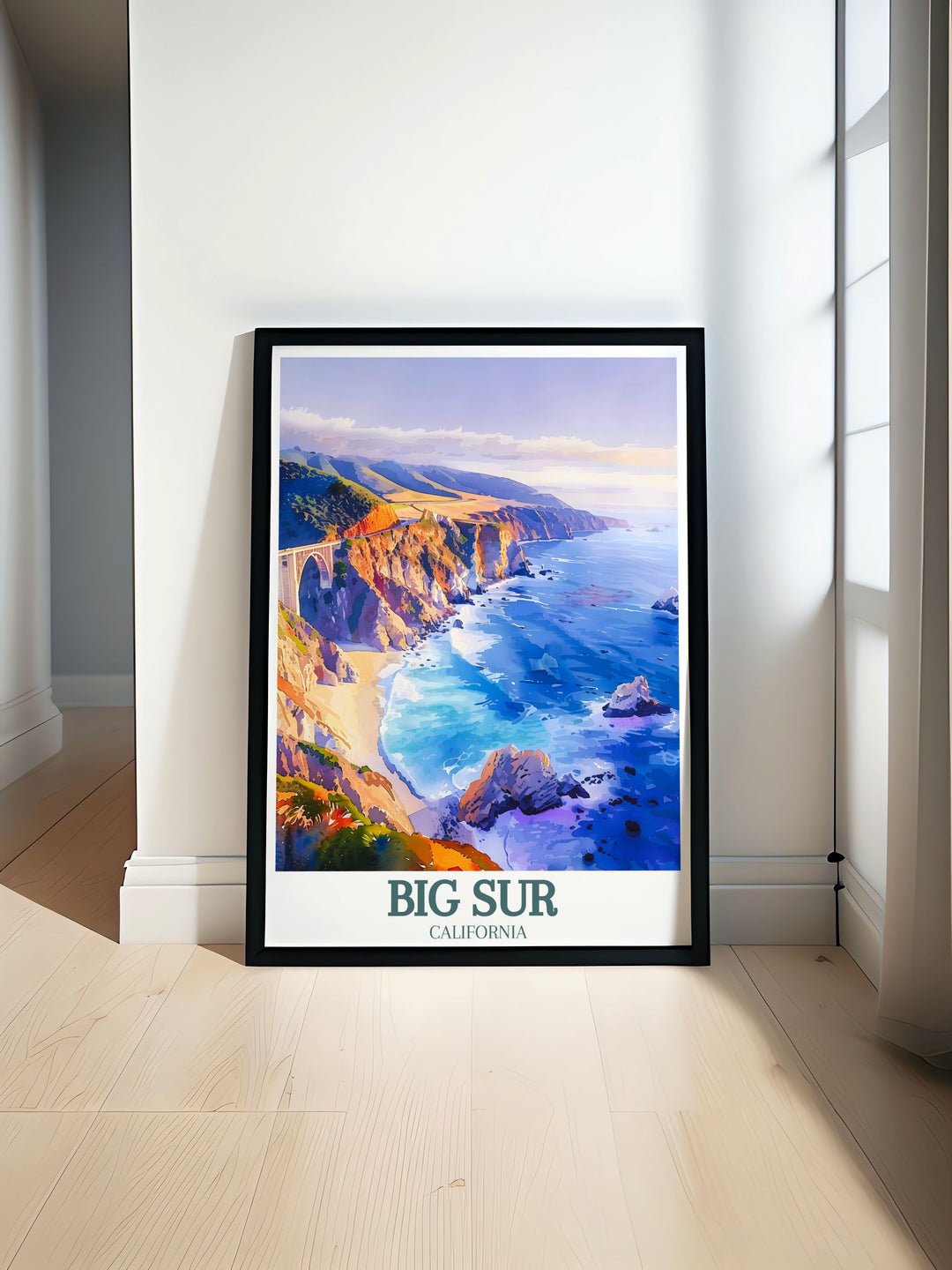 The vibrant coastline of Big Sur and the historic elegance of Bixby Creek Bridge are depicted in this vibrant travel poster, offering a stunning visual of Californias diverse coastal attractions.