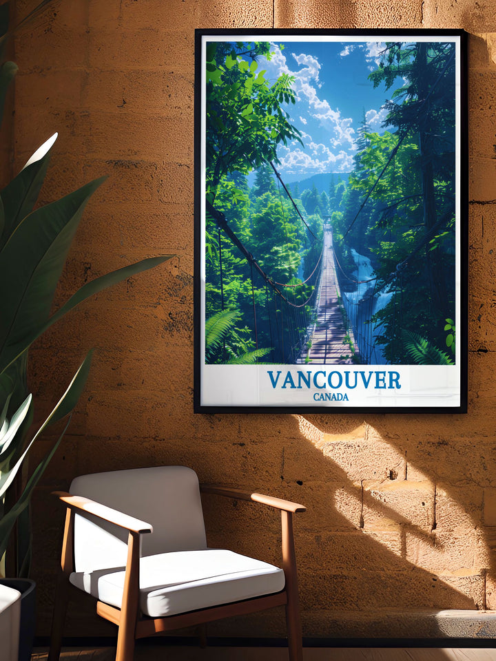 This artwork showcases the Capilano Suspension Bridge, highlighting its thrilling span and lush forest surroundings. Ideal for bringing a sense of adventure and natural beauty into your home decor, it captures the essence of Vancouvers famous landmark.