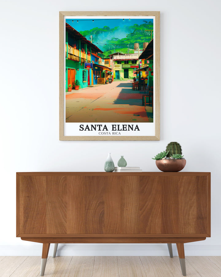 Monteverde Cloud Forest Reserve and Central Plaza highlighted in this stunning Costa Rica wall art. The print combines the tranquility of the cloud forest with the vibrancy of Central Plaza making it a perfect addition to any home looking for Costa Rica decor.