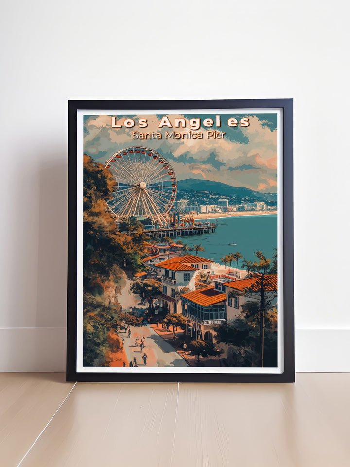 This travel poster of Los Angeles captures the citys dynamic energy and iconic landmarks, perfect for bringing the vibrant spirit of California into your home decor.