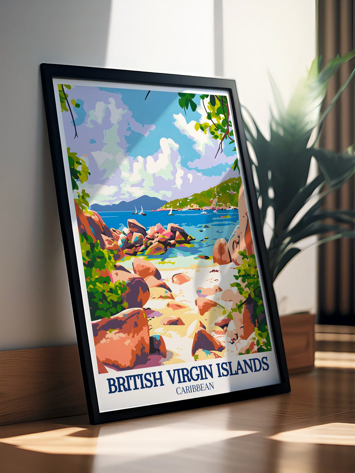 Transform your space with this beautiful Caribbean travel poster, highlighting the natural wonders of Virgin Gorda and the Baths National Park. The artwork captures the essence of the islands serene beaches and lush surroundings