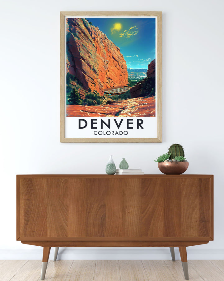 This poster of the Red Rocks Amphitheatre captures the historic concert venue amidst stunning red rock formations, ideal for music lovers and travelers.