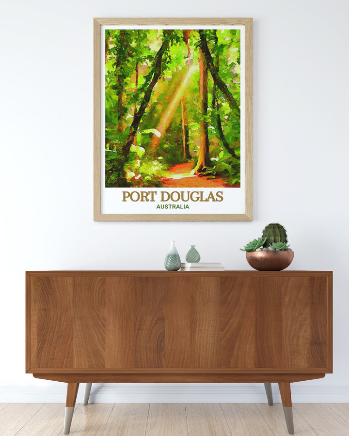 Capture the essence of Australias Port Douglas with this beautiful poster print. Featuring the iconic Daintree Rainforest and the regions serene beaches, this wall art makes a thoughtful gift for anyone who loves nature or travel.