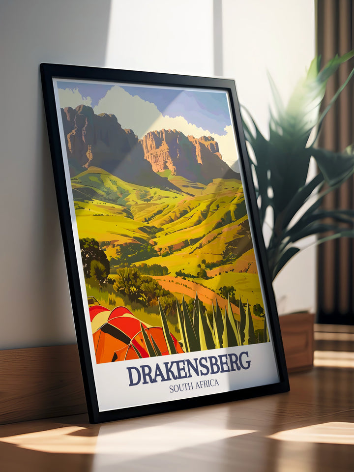 Experience the grandeur of South Africas Drakensberg Mountains with this vibrant travel poster. The artwork highlights the regions iconic landscapes, including Giants Castle and Royal Natal National Park, making it an ideal addition to any travel inspired decor.