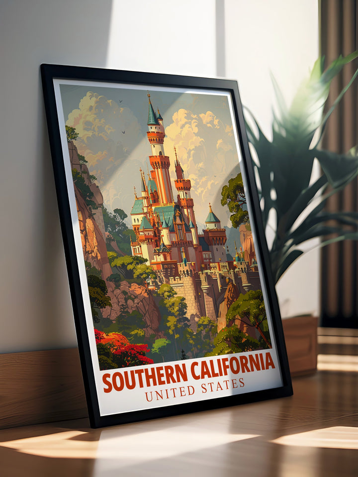 Southern California art print featuring the iconic Sleeping Beauty Castle in vibrant colors and fine detail. This travel poster brings the magic of Disneyland into your home, perfect for fans of Disney and lovers of colorful décor.