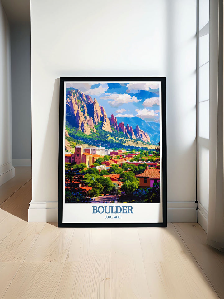 Fine art print featuring the iconic Flatirons in Boulder, Colorado, capturing the stunning natural beauty and rugged landscape of this famous landmark, perfect for enhancing your home decor with a touch of natures grandeur and elegance.