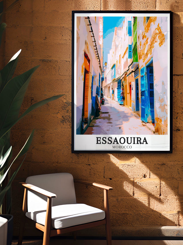 This Morocco travel print highlights the stunning details of Essaouiras Old Town and Derb, making it an excellent addition to your art collection. Whether as a gift or a personal keepsake, this print offers a glimpse into the heart of Moroccos unique and timeless beauty.