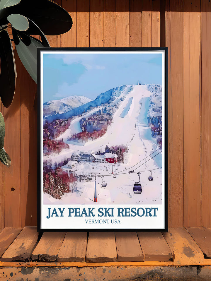 Colorful and detailed print of Jay Peaks extensive trails, celebrating the excitement and beauty of Vermonts premier ski resort.