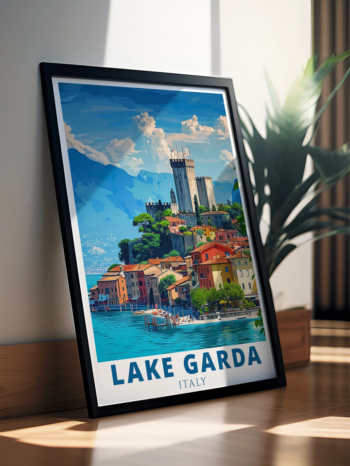 Bring a piece of Italy into your home with this stunning Lake Garda art print, capturing the tranquil waters and iconic views of Malcesine. This travel poster is ideal for adding a touch of European elegance to any room.