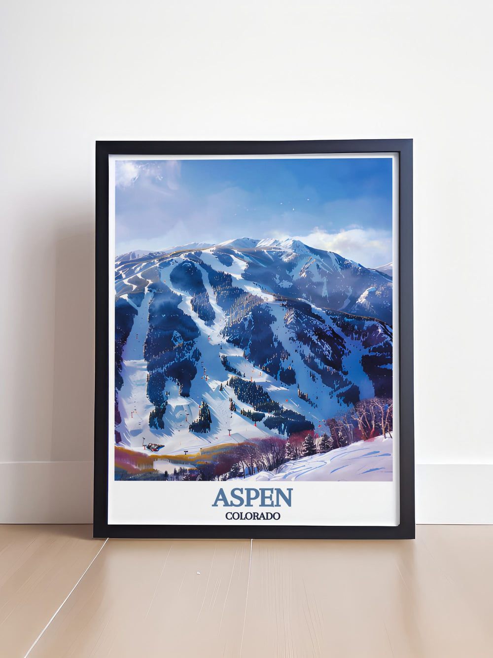 The excitement of skiing at Aspen Highlands is depicted in this vibrant travel poster, featuring its iconic Highland Bowl and panoramic views. A must have for any skiers home decor.