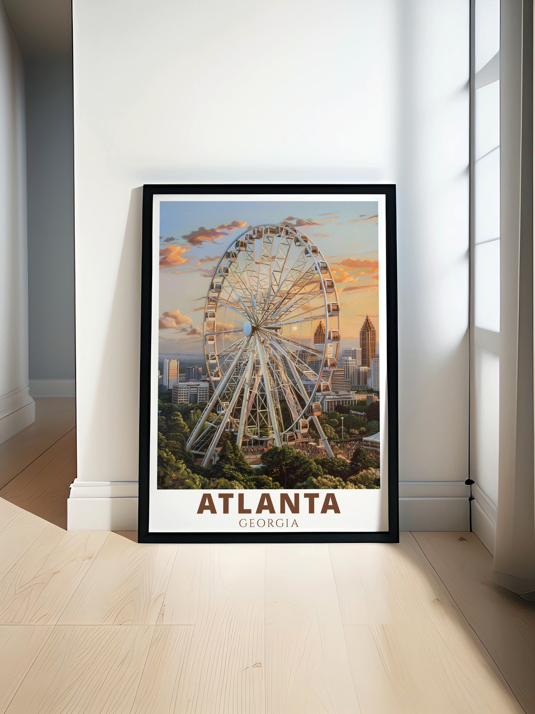 Atlanta travel print featuring SkyView Ferris Wheel is a beautiful addition to any home. This Atlanta print offers modern decor options and makes a perfect gift for birthdays anniversaries or Christmas. Add elegance to your space with this stunning artwork.