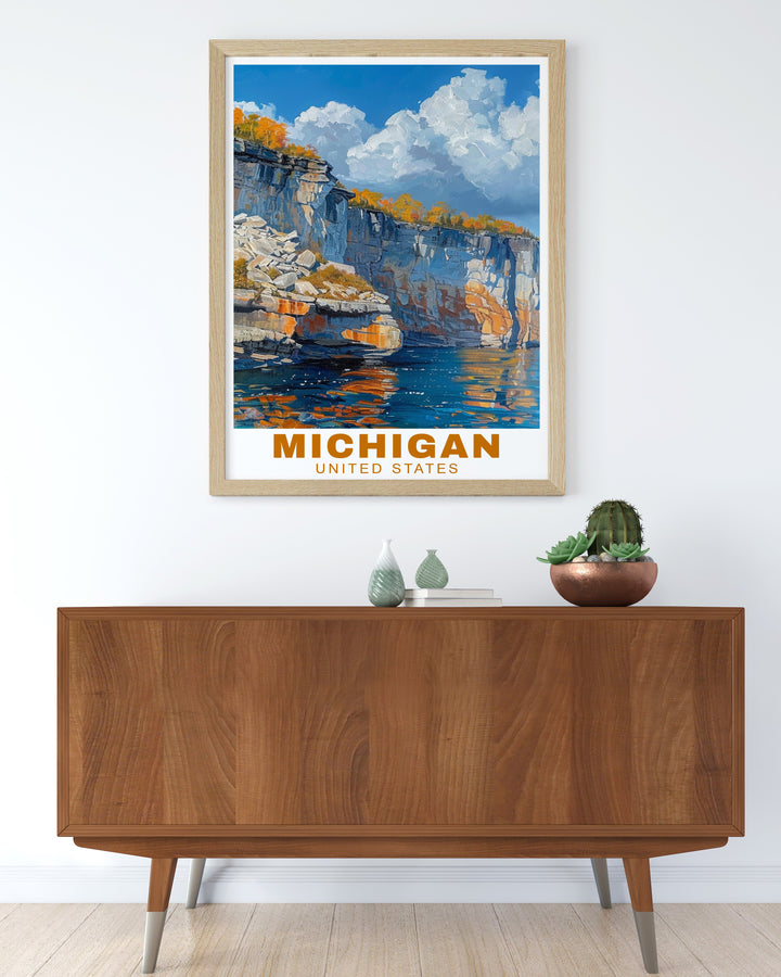 This Michigan print beautifully depicts Pictured Rocks and Leelanau in vibrant colors, capturing the essence of Michigans natural wonders. A perfect wall art choice for guest spaces or homes, this travel poster is a great way to showcase Michigans iconic landscapes with a vintage touch.