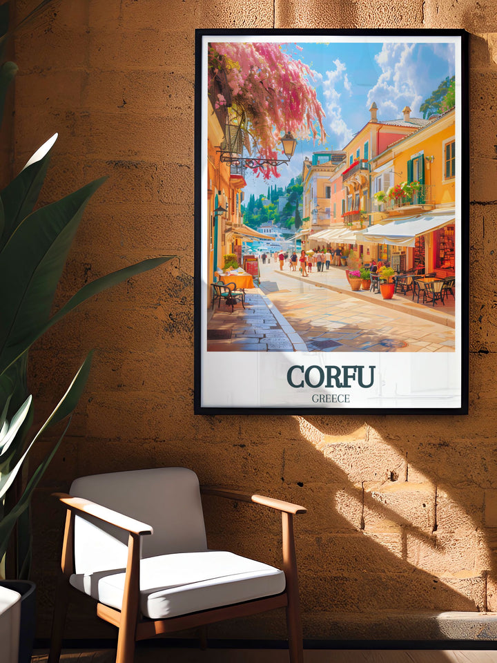 Old Town Corfu Liston Promenade poster capturing the timeless beauty and rich cultural heritage of Corfu Greece Island making it an excellent choice for Corfu decor and a standout piece for any wall art collection inspired by Greek art and travel