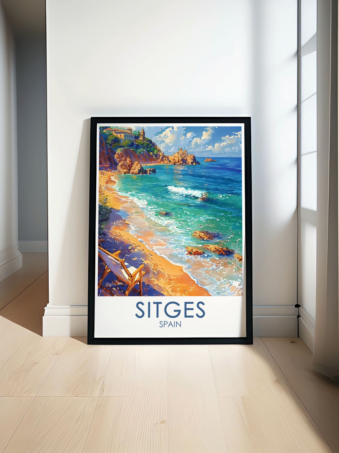 This vintage inspired poster of Sitges captures the timeless beauty of its historic streets and stunning beaches, offering a glimpse into one of Spains most beloved seaside destinations.