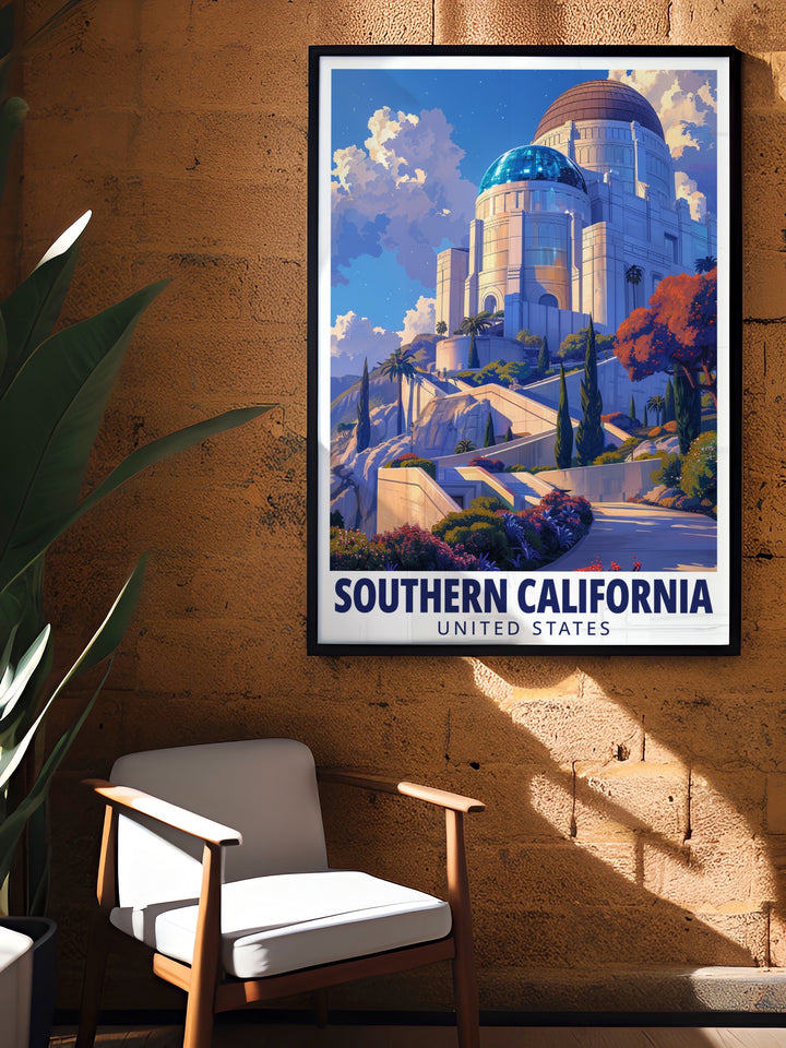 A fine line art print of Southern California featuring Griffith Observatory, this poster is ideal for fans of Californias natural and urban beauty. The vivid colors and attention to detail make it a stunning wall art piece.