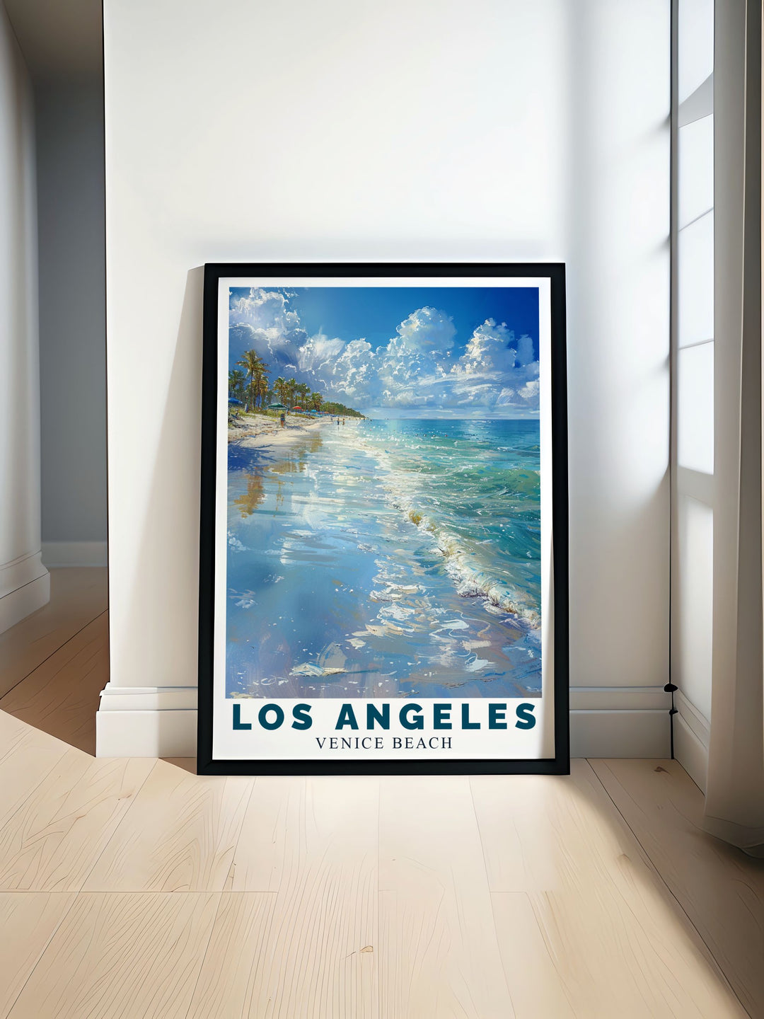 Experience the eclectic vibe of Venice Beach with this detailed poster, capturing its lively atmosphere and beautiful beachfront, perfect for adding a touch of Californian charm to your home.