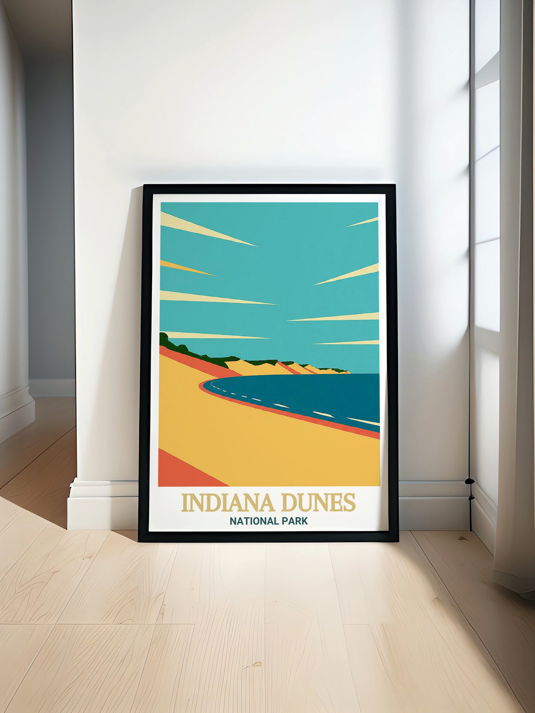 An artistic representation of West Beach within Indiana Dunes National Park, this travel poster artfully illustrates the serenity of the shoreline. The artwork features gentle waves and golden sands, making it an ideal gift for beach enthusiasts and a striking addition to any wall.