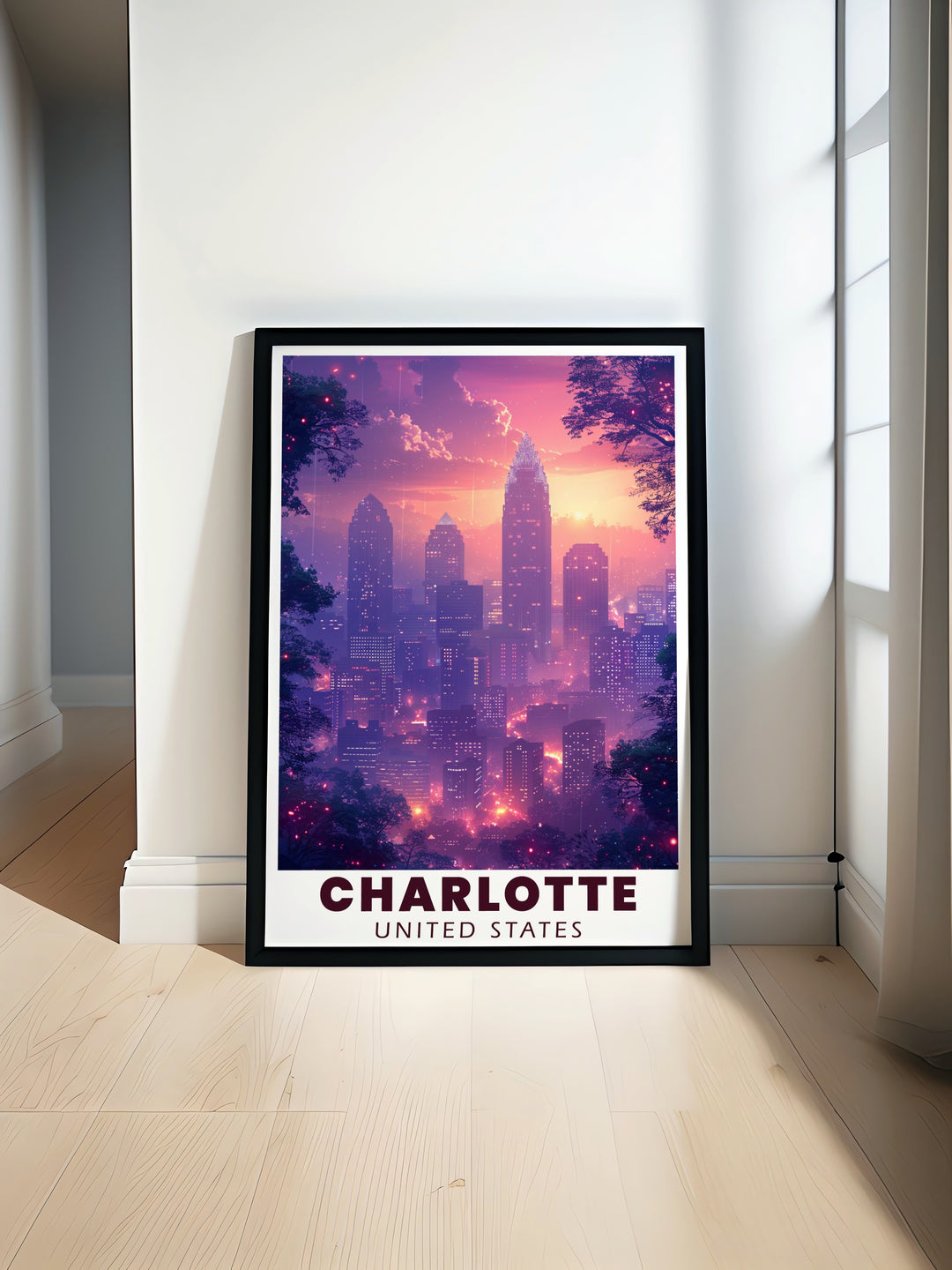 Featuring the Bank of America Corporate Center, this framed art of Charlottes skyline adds a touch of sophistication to any room. Whether for a home, office, or as a gift, this travel print is a striking way to celebrate the citys architectural beauty. Its fine details and modern design make it a standout piece.