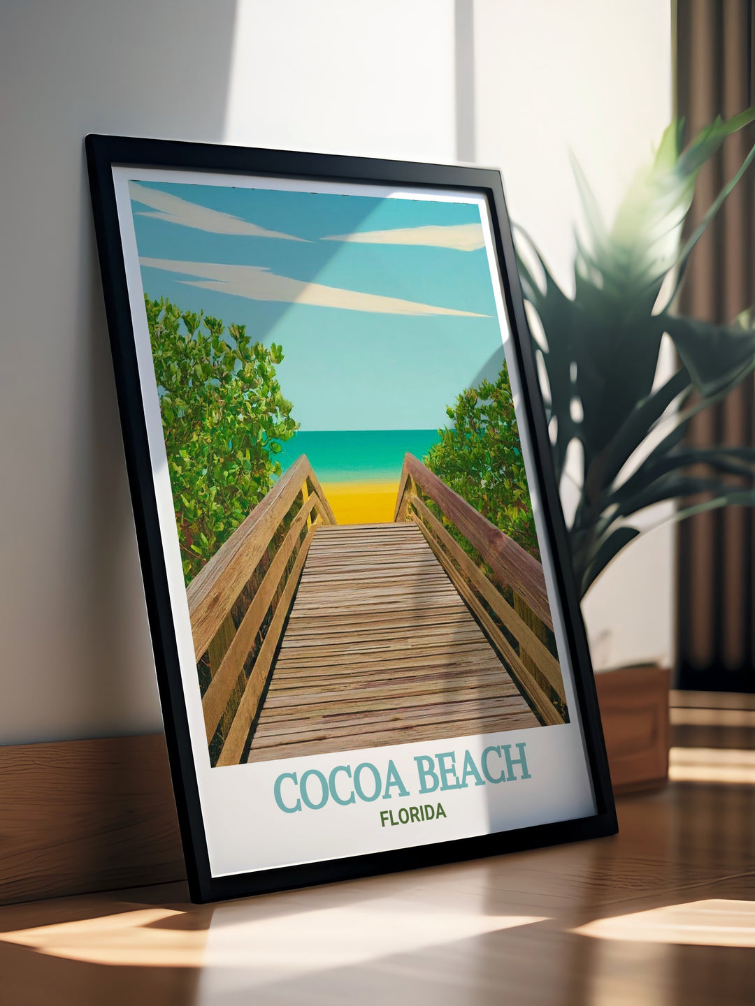 Vintage inspired poster of Lori Wilson Park, Cocoa Beach, showcasing the parks blend of natural beauty and recreational appeal. Perfect for those who want to bring a nostalgic touch of Floridas coastline into their home decor.