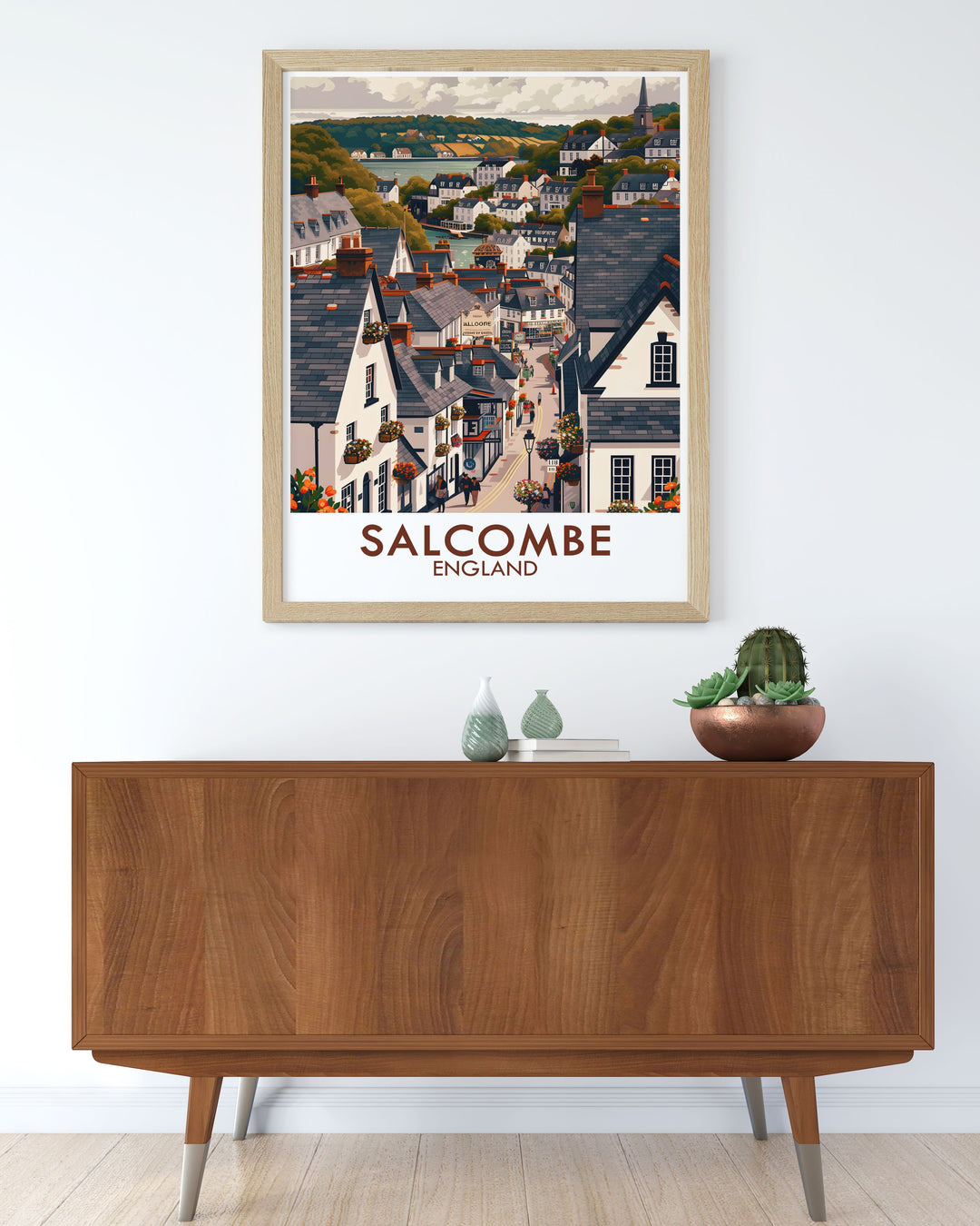 The Devon travel poster featuring Salcombe Town Centre is perfect for adding a touch of elegance to any room with its detailed and vibrant illustration